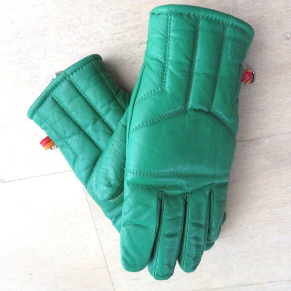 Vintage Kombi Green Leather Gloves Quilted Design Elastic Cuff Nylon Fleece Line - Picture 3 of 6